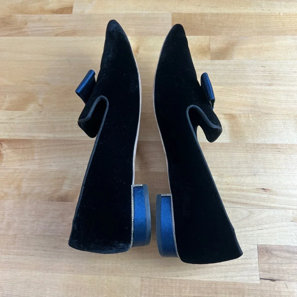Tory Burch Loafers Gigi Navy Blue Velvet Bow Pointed Toe Slip On Flats Shoes 7.5